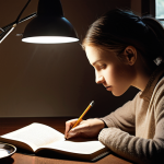 **A person sitting at a desk, illuminated by a lamp, writing in a notebook with a cup of tea nearby. The scene evokes a sense of creativity, focus, and the quiet dedication required to become a storyteller.**