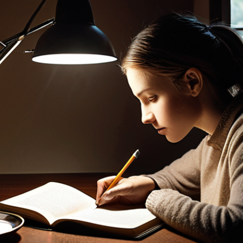 Home 15 **A person sitting at a desk, illuminated by a lamp, writing in a notebook with a cup of tea nearby. The scene evokes a sense of creativity, focus, and the quiet dedication required to become a storyteller.**