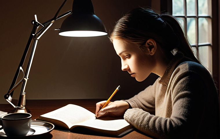 **A person sitting at a desk, illuminated by a lamp, writing in a notebook with a cup of tea nearby. The scene evokes a sense of creativity, focus, and the quiet dedication required to become a storyteller.**