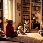 **A warmly lit room with children gathered around an adult (presumably a parent or grandparent) who is animatedly telling them a story. The room has bookshelves in the background. The overall mood is cozy, nostalgic, and focused on the power of storytelling.**
