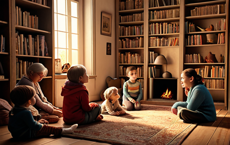 **A warmly lit room with children gathered around an adult (presumably a parent or grandparent) who is animatedly telling them a story. The room has bookshelves in the background. The overall mood is cozy, nostalgic, and focused on the power of storytelling.**
