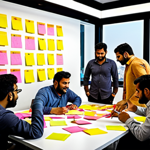 Home 7 **"A vibrant scene of people collaborating around a table, brainstorming ideas. Colorful sticky notes cover a whiteboard in the background. The atmosphere is energetic and inclusive, emphasizing collective intelligence and innovation. Urdu calligraphy subtly incorporated."**