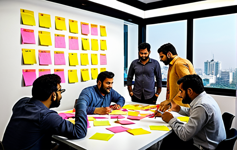 **"A vibrant scene of people collaborating around a table, brainstorming ideas. Colorful sticky notes cover a whiteboard in the background. The atmosphere is energetic and inclusive, emphasizing collective intelligence and innovation. Urdu calligraphy subtly incorporated."**