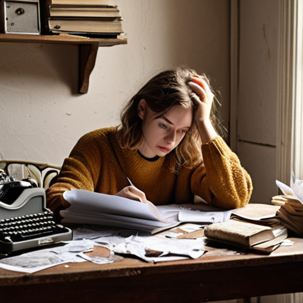 **

A writer sitting at a desk, looking frustrated, surrounded by crumpled papers. The setting is a cozy, slightly cluttered room with books and a vintage typewriter. The overall mood is one of struggling with writer's block and tangled plot lines. Emphasize the feeling of being stuck in the story's structure. Consider adding a cup of tea or coffee nearby. Style: Realistic painting.

**