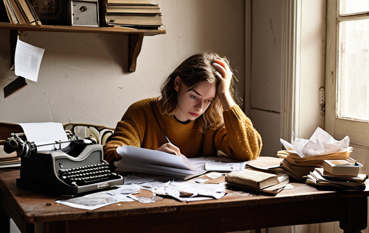 **
A writer sitting at a desk, looking frustrated, surrounded by crumpled papers. The setting is a cozy, slightly cluttered room with books and a vintage typewriter. The overall mood is one of struggling with writer's block and tangled plot lines. Emphasize the feeling of being stuck in the story's structure. Consider adding a cup of tea or coffee nearby. Style: Realistic painting.
**