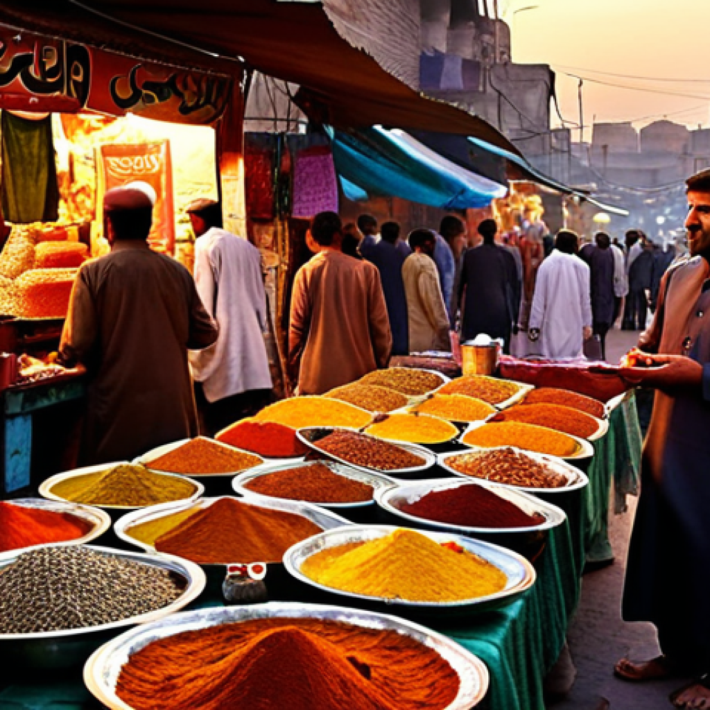 ** A vibrant, bustling Pakistani street market scene at sunset. Focus on the rich colors of textiles, spices, and street food stalls. Include traditionally dressed people interacting and bargaining.

**