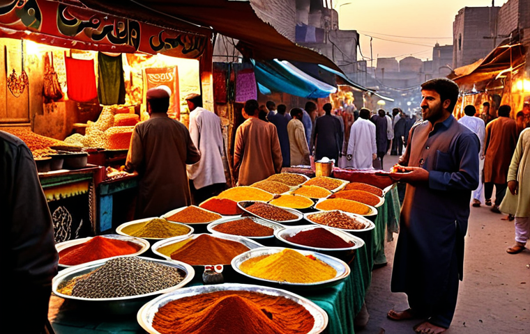 ** A vibrant, bustling Pakistani street market scene at sunset. Focus on the rich colors of textiles, spices, and street food stalls. Include traditionally dressed people interacting and bargaining.
**