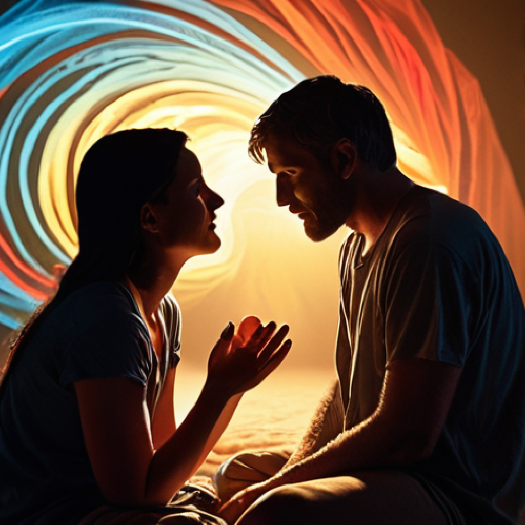 **A captivating storyteller, radiating a warm, empathetic glow, sits in an intimate, dimly lit space. Ethereal, swirling lights in vibrant hues of blues, reds, and golds emanate from their heart, symbolizing profound emotions and connecting subtly to the unseen, diverse silhouettes of an enthralled audience. The scene captures the timeless, soul-touching power of human narrative and emotional depth, emphasizing the direct, heartfelt bond between the storyteller and the listener. Highly detailed, cinematic lighting, soft focus on the background, emotionally resonant.**