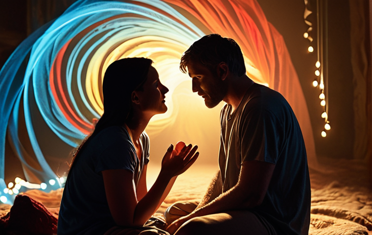 **A captivating storyteller, radiating a warm, empathetic glow, sits in an intimate, dimly lit space. Ethereal, swirling lights in vibrant hues of blues, reds, and golds emanate from their heart, symbolizing profound emotions and connecting subtly to the unseen, diverse silhouettes of an enthralled audience. The scene captures the timeless, soul-touching power of human narrative and emotional depth, emphasizing the direct, heartfelt bond between the storyteller and the listener. Highly detailed, cinematic lighting, soft focus on the background, emotionally resonant.**