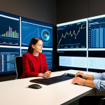 A focused, professional individual, adult, dressed in a modest business casual outfit, sitting at a sleek desk in a modern digital media studio. Multiple large screens in the background display abstract data visualizations and complex story flowcharts, illustrating "Plot Strength" and "Data-Driven Storytelling." The subject has a thoughtful, engaged expression, with well-formed hands resting naturally. Bright, even studio lighting. professional photography, high resolution, vivid colors, perfect anatomy, correct proportions, natural body proportions, proper finger count, natural pose, fully clothed, appropriate attire, modest clothing, safe for work, appropriate content, professional, family-friendly.