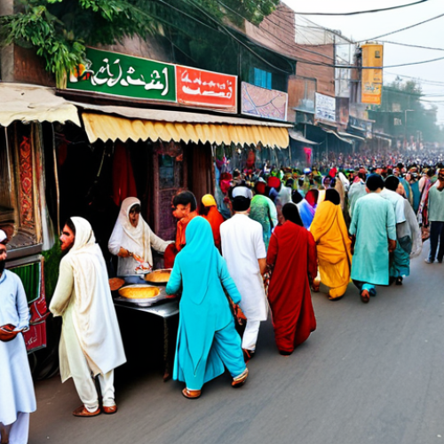 Home 21 **
"A vibrant street scene in Lahore, Pakistan, during a traditional festival. People are fully clothed in colourful shalwar kameez, celebrating with music and dance. Food stalls offer delicious Pakistani cuisine. Safe for work, appropriate content, family-friendly, professional photography, perfect anatomy, correct proportions, natural pose."
**