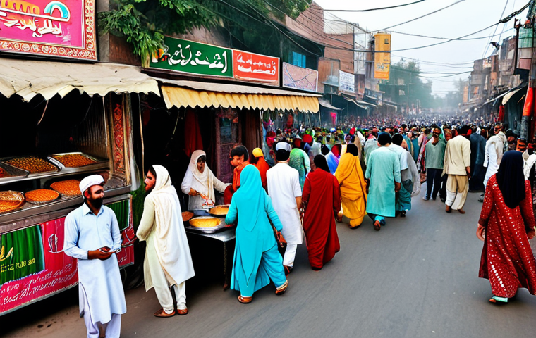 **
"A vibrant street scene in Lahore, Pakistan, during a traditional festival. People are fully clothed in colourful shalwar kameez, celebrating with music and dance. Food stalls offer delicious Pakistani cuisine. Safe for work, appropriate content, family-friendly, professional photography, perfect anatomy, correct proportions, natural pose."
**