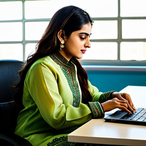 Home 18 스토리텔러 직업의 장단점과 도전 과제 분석과 사례 연구와 전략 - ** A successful Pakistani businesswoman in a vibrant shalwar kameez, working on a laptop in a modern...
