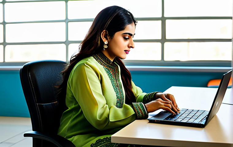 스토리텔러 직업의 장단점과 도전 과제 분석과 사례 연구와 전략 - ** A successful Pakistani businesswoman in a vibrant shalwar kameez, working on a laptop in a modern...