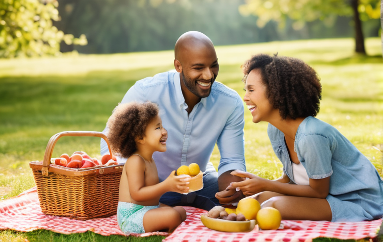 스토리텔러 관련 시장 조사 방법 - **A heartwarming family picnic:** A diverse family, consisting of a mother, father, and two children...