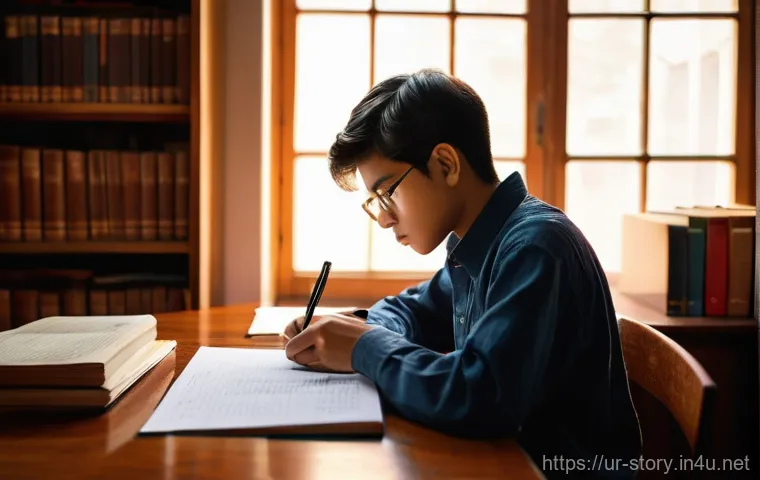 스토리텔러 필기 시험 기출 문제 분석 - A young, diligent student, appearing to be in their late teens, is deeply engrossed in studying, wea...