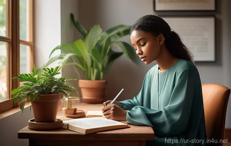 스토리텔러가 알아야 할 법률 지식 - **Prompt 1: The Protected Creator**
A young, diverse writer, dressed modestly in a long-sleeved ...