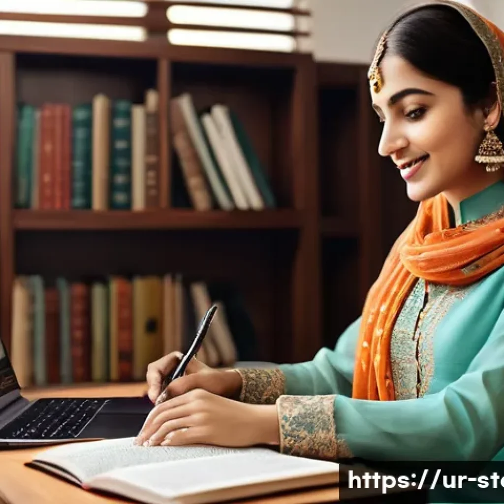 스토리텔러가 주목해야 할 국내외 산업 변화 - **Prompt:** A young, elegantly dressed Pakistani woman, wearing a modest, stylish shalwar kameez and...