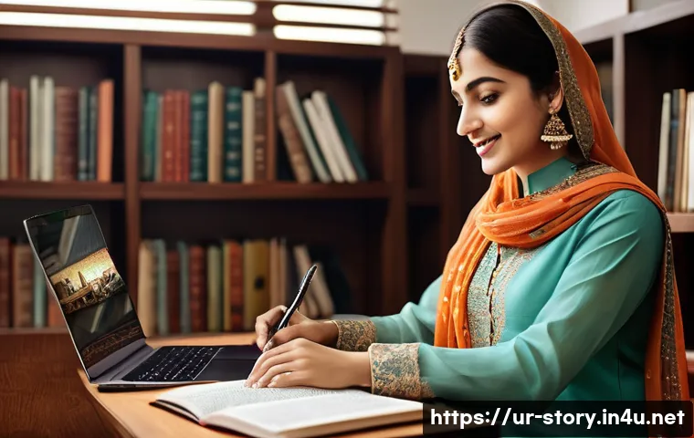 스토리텔러가 주목해야 할 국내외 산업 변화 - **Prompt:** A young, elegantly dressed Pakistani woman, wearing a modest, stylish shalwar kameez and...