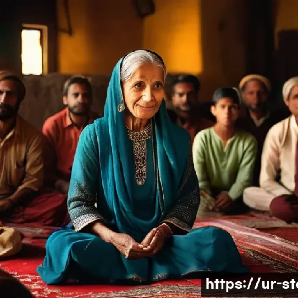 스토리텔러 직무 경험담 - **Prompt:** A heartwarming scene of an elderly, wise storyteller (male or female) wearing traditiona...