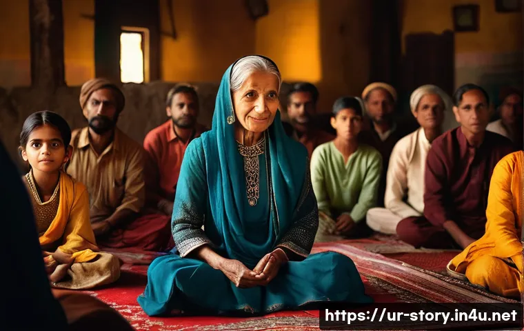 스토리텔러 직무 경험담 - **Prompt:** A heartwarming scene of an elderly, wise storyteller (male or female) wearing traditiona...