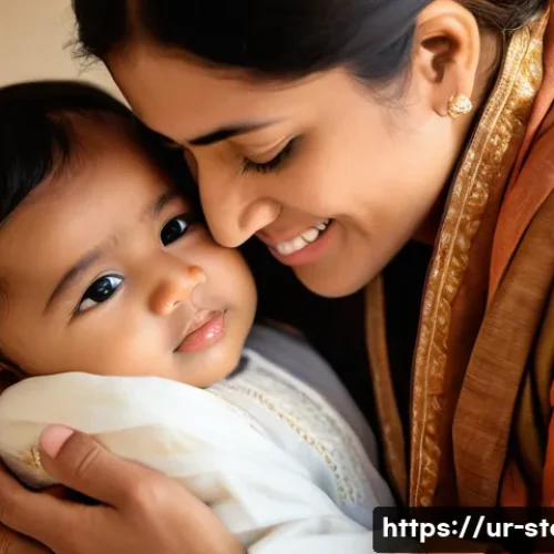 Home 26 스토리텔러로서 성공한 명언 - **Prompt:** A heartwarming and tender scene of a young mother, dressed modestly in a traditional Pak...