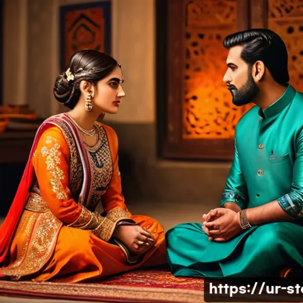 스토리텔러가 만드는 스토리의 기본 틀 - A detailed scene depicting two unique Urdu-speaking characters in traditional attire, one appearing ...