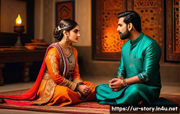 스토리텔러가 만드는 스토리의 기본 틀 - A detailed scene depicting two unique Urdu-speaking characters in traditional attire, one appearing ...