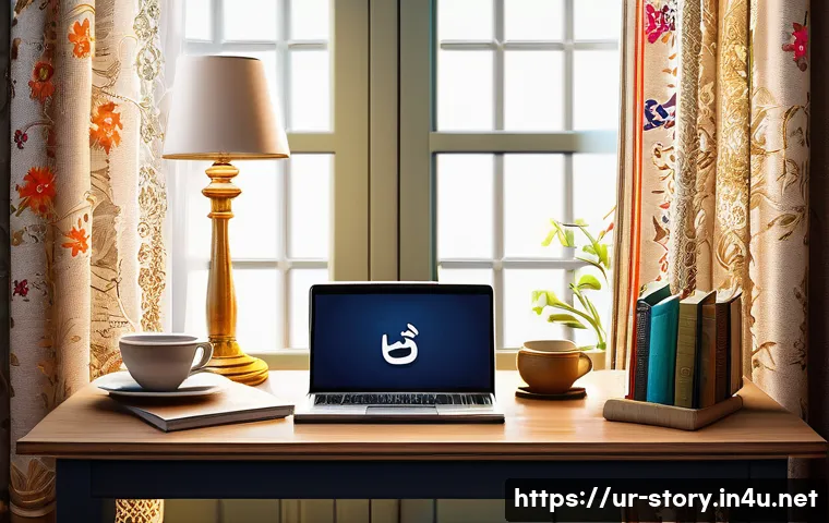 스토리텔러가 주목해야 할 콘텐츠 플랫폼 - A cozy home office scene designed for Urdu bloggers, featuring a wooden desk with a laptop open to a...