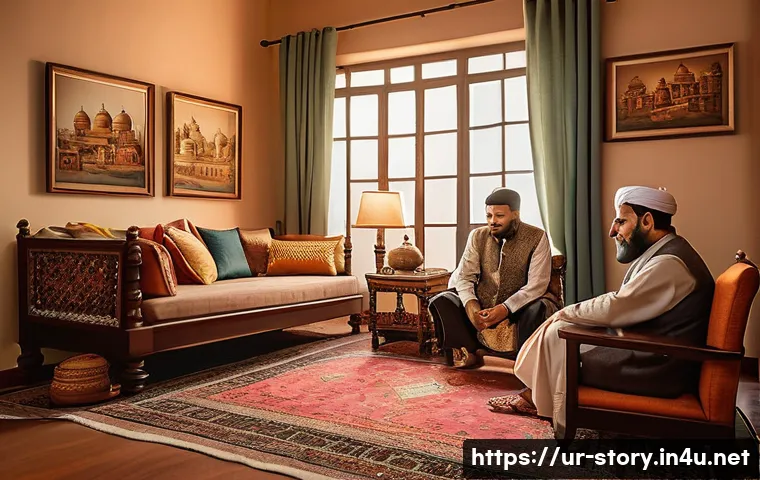 스토리텔러 관련 무료 학습 자료 - A cozy storytelling scene set in a traditional Urdu-speaking living room with warm ambient lighting,...