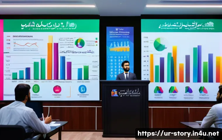 스토리텔러와 데이터 기반 스토리 제작의 활용 - A professional seminar scene in a modern conference room in Karachi, Pakistan, featuring a confident...