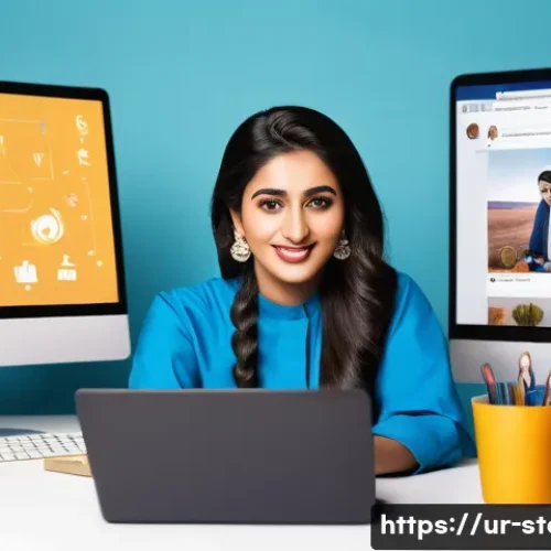 Home 33 스토리텔러로 성공한 사례 분석 - A vibrant digital workspace showcasing a young Urdu-speaking influencer sitting at a desk with a lap...