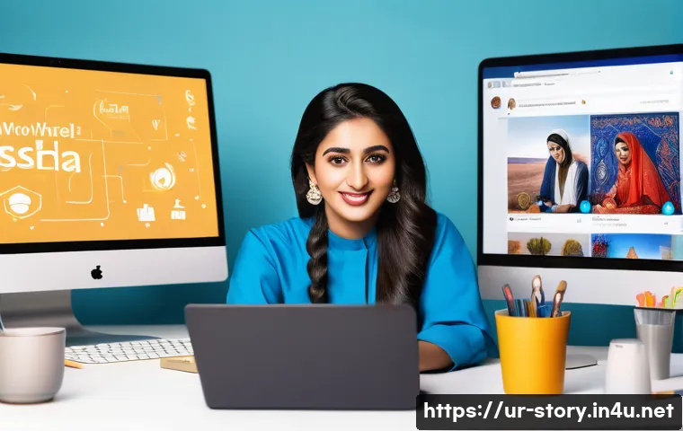 스토리텔러로 성공한 사례 분석 - A vibrant digital workspace showcasing a young Urdu-speaking influencer sitting at a desk with a lap...