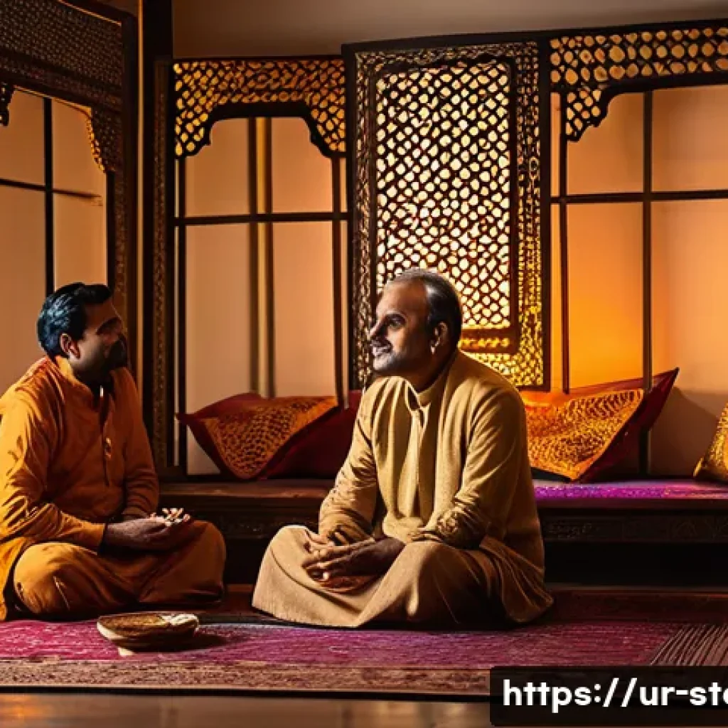 스토리텔러 관련 직업과 스토리 제작 방법과 사례 분석 - A warm and inviting storytelling scene set in a traditional Pakistani living room decorated with int...
