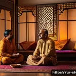 Home 19 스토리텔러 관련 직업과 스토리 제작 방법과 사례 분석 - A warm and inviting storytelling scene set in a traditional Pakistani living room decorated with int...