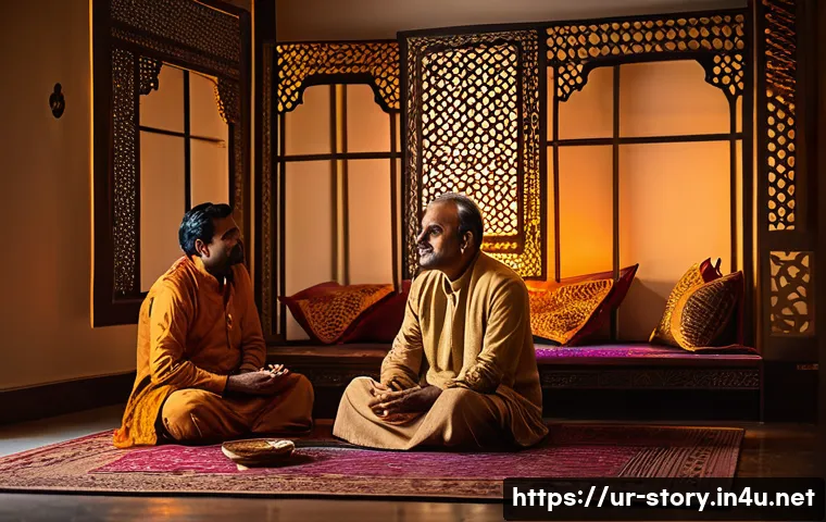 스토리텔러 관련 직업과 스토리 제작 방법과 사례 분석 - A warm and inviting storytelling scene set in a traditional Pakistani living room decorated with int...