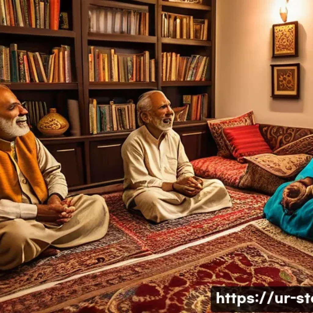 스토리텔러 직무 적성 테스트 - A warm and inviting scene of a traditional Urdu storytelling session in a cozy living room, with an ...