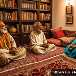 Home 18 스토리텔러 직무 적성 테스트 - A warm and inviting scene of a traditional Urdu storytelling session in a cozy living room, with an ...