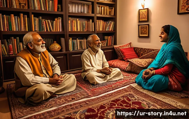 스토리텔러 직무 적성 테스트 - A warm and inviting scene of a traditional Urdu storytelling session in a cozy living room, with an ...