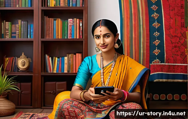 스토리텔러 직업의 성공 사례와 성장 가능성 분석과 연구 - A vibrant digital storyteller seated in a cozy, modern room decorated with traditional South Asian a...