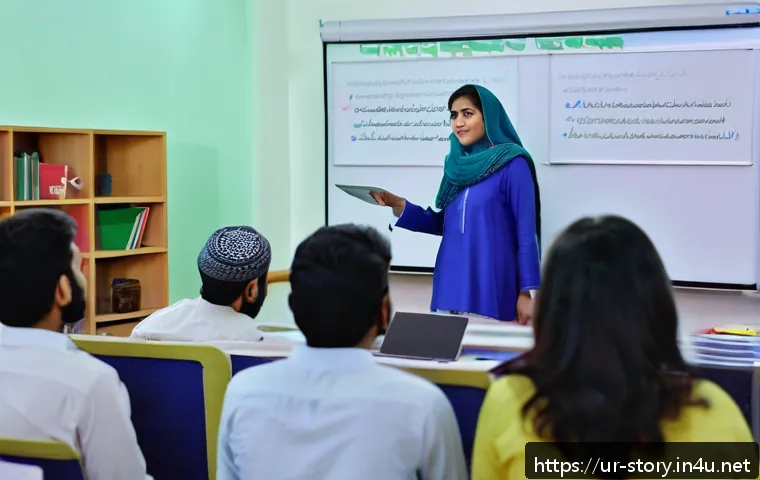 스토리텔러 자격증의 취득 후 관련 산업 성장 가능성 - A professional storytelling workshop scene set in a modern classroom in Pakistan, featuring a confid...