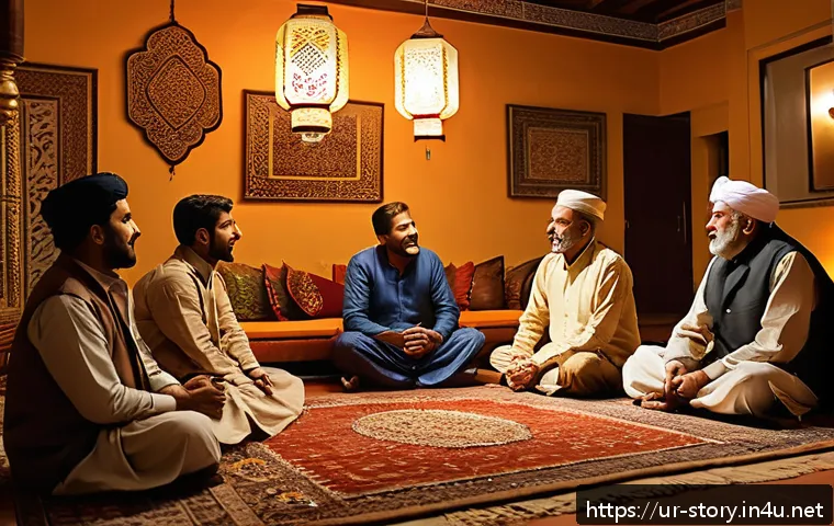 스토리텔러가 만드는 최고의 이야기 - A warm and inviting traditional storytelling scene set in a cozy Urdu cultural living room, featurin...