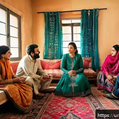스토리텔러가 주목해야 할 국제 사례 - A warm, culturally rich scene depicting a Pakistani family gathering in a traditional living room, w...