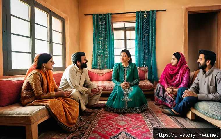 스토리텔러가 주목해야 할 국제 사례 - A warm, culturally rich scene depicting a Pakistani family gathering in a traditional living room, w...