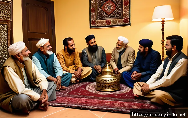 스토리텔러 실무에서 발생할 수 있는 문제 - A warm, traditional storytelling scene set in a cozy Pakistani living room during an evening gatheri...