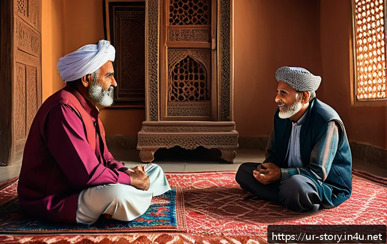 스토리텔러 실무에서의 창의적 이야기 제작 사례 연구 - A warm and inviting storytelling scene set in a traditional Pakistani living room decorated with int...