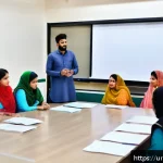 스토리텔러 자격증의 실질적 가치 분석 - A professional storytelling workshop scene set in a modern classroom in Lahore, Pakistan, featuring ...