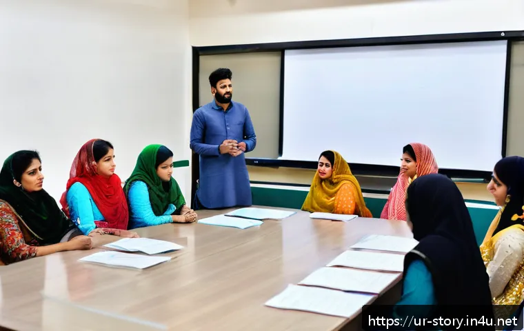 스토리텔러 자격증의 실질적 가치 분석 - A professional storytelling workshop scene set in a modern classroom in Lahore, Pakistan, featuring ...