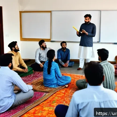 스토리텔러 자격증과 관련된 해외 사례 - A professional storytelling workshop scene set in a modern classroom in Karachi, Pakistan, featuring...