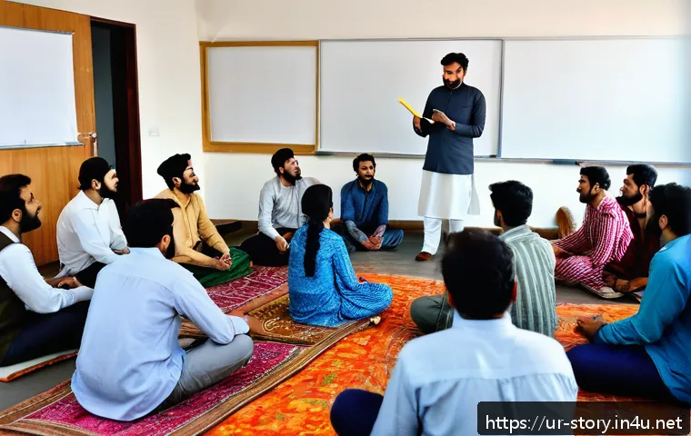 스토리텔러 자격증과 관련된 해외 사례 - A professional storytelling workshop scene set in a modern classroom in Karachi, Pakistan, featuring...